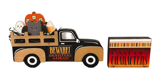 AGSD Halloween Decor - Vintage Beware Wood Truck & Sign 2pc Set