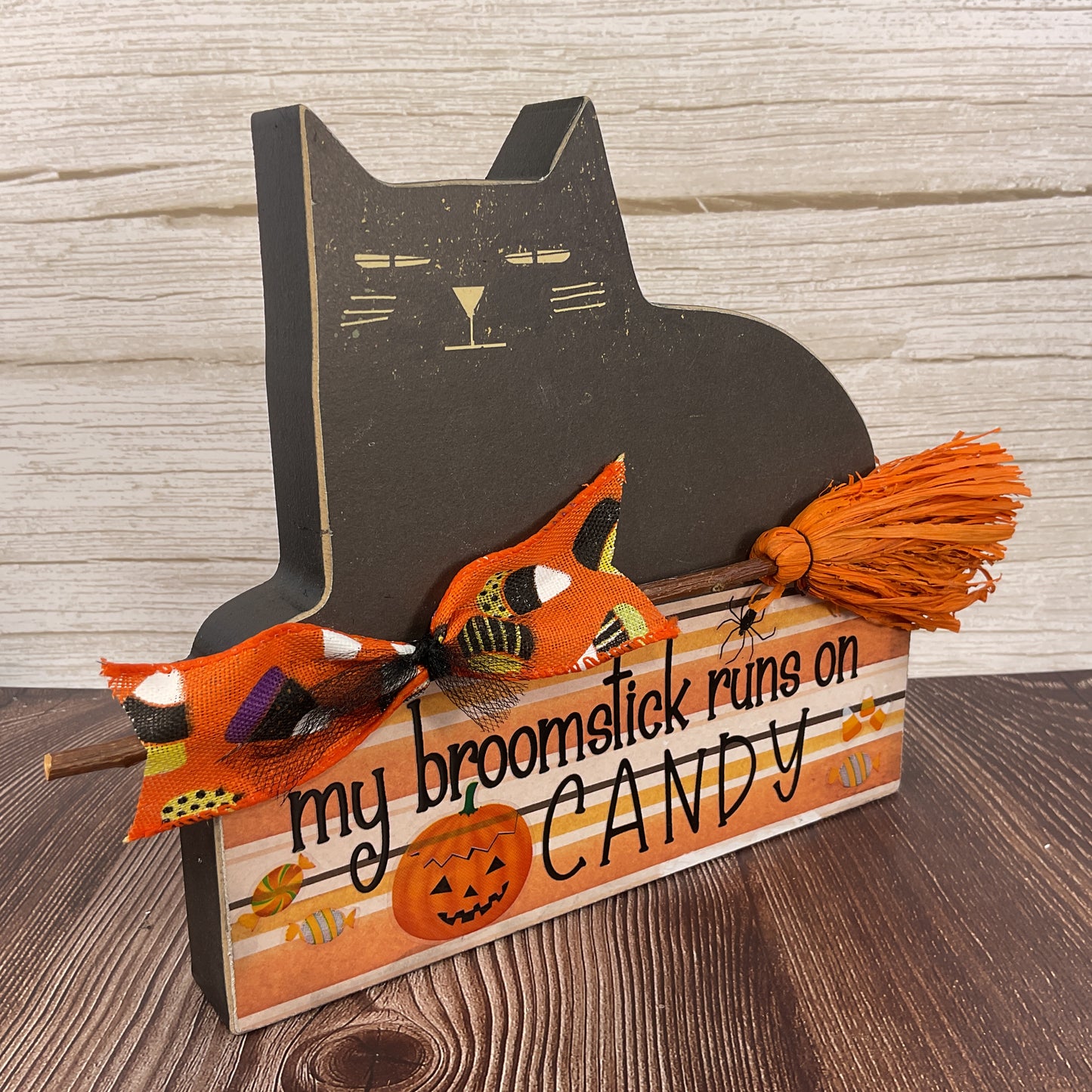 AGSD Halloween Decor - Broom Stick Candy Corn Black Cat Block Sitter Sign