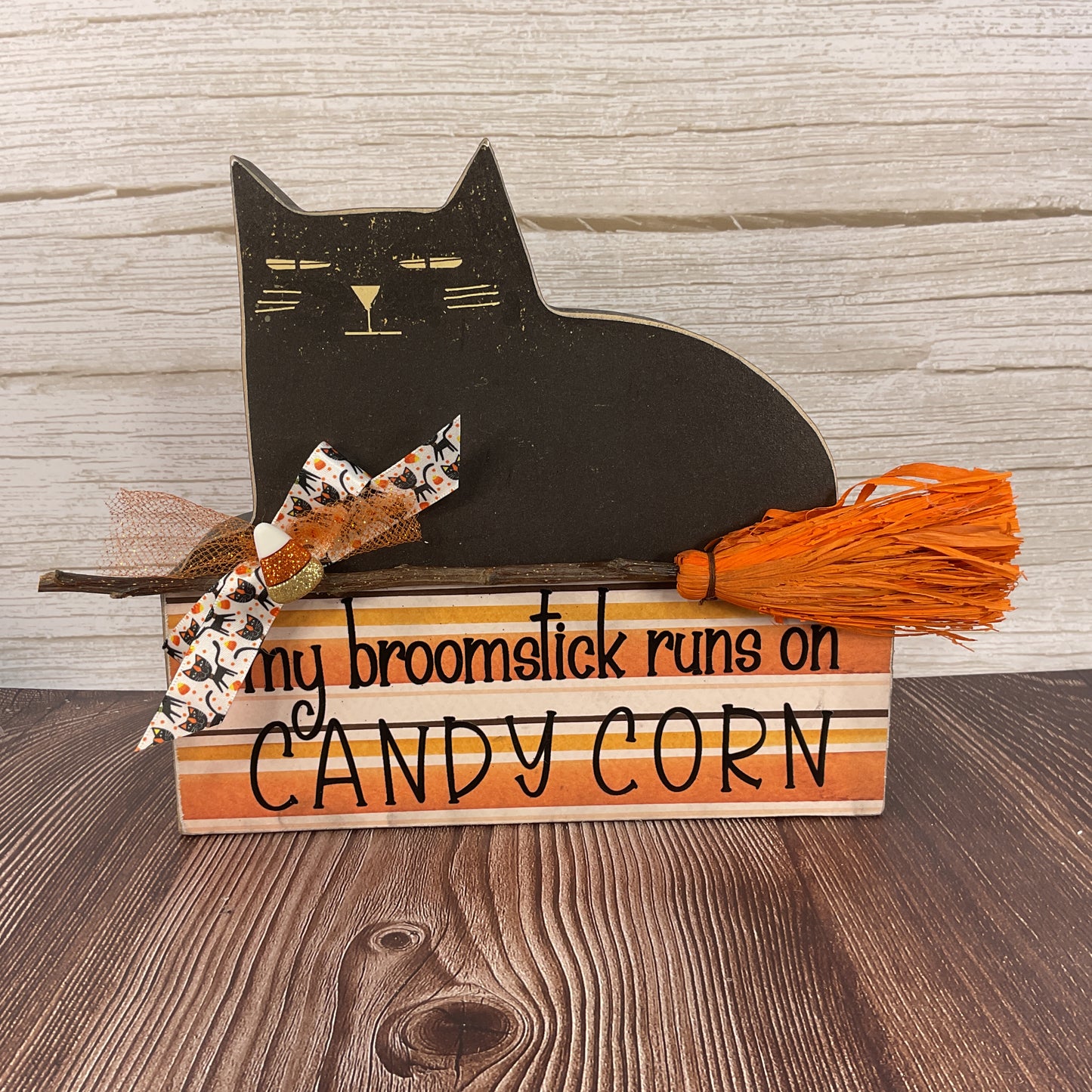AGSD Halloween Decor - Broom Stick Candy Corn Black Cat Block Sitter Sign