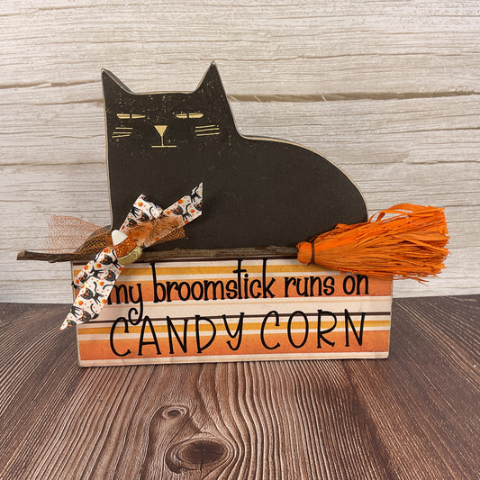 AGSD Halloween Decor - Broom Stick Candy Corn Black Cat Block Sitter Sign