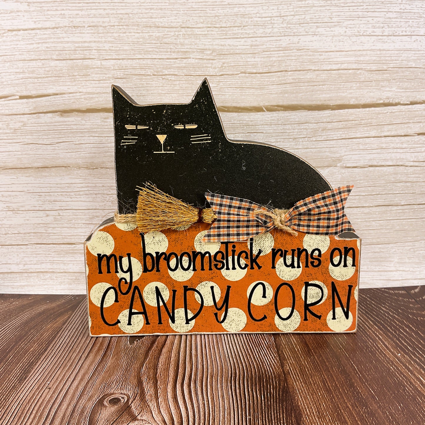 AGSD Halloween Decor - Broom Stick Candy Corn Black Cat Block Sitter Sign