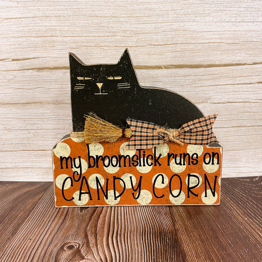 AGSD Halloween Decor - Broom Stick Candy Corn Black Cat Block Sitter Sign