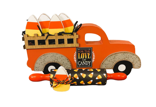 AGSD Halloween Decor - Vintage  Wood Candy Corn Truck & Rollin Pin 2pc Set