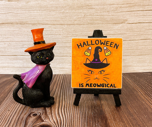 AGSD Halloween Decor - Resin Black Cat Witch Small Easel Sign 2pc Set