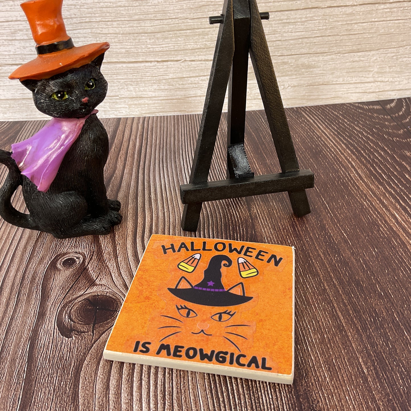 AGSD Halloween Decor - Resin Black Cat Witch Small Easel Sign 2pc Set