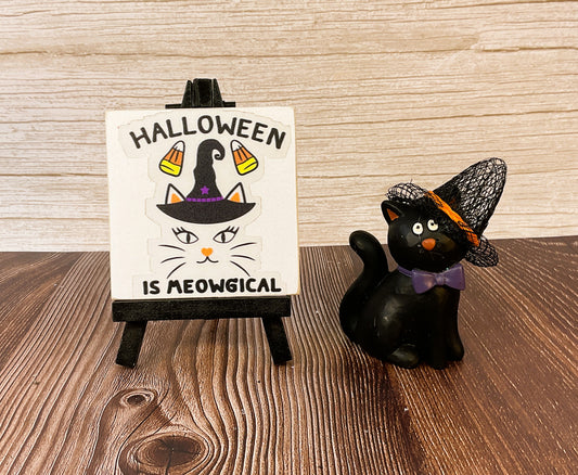 AGSD Halloween Decor - Small Resin Black Cat Meowgical Small Easel Sign 2pc Set