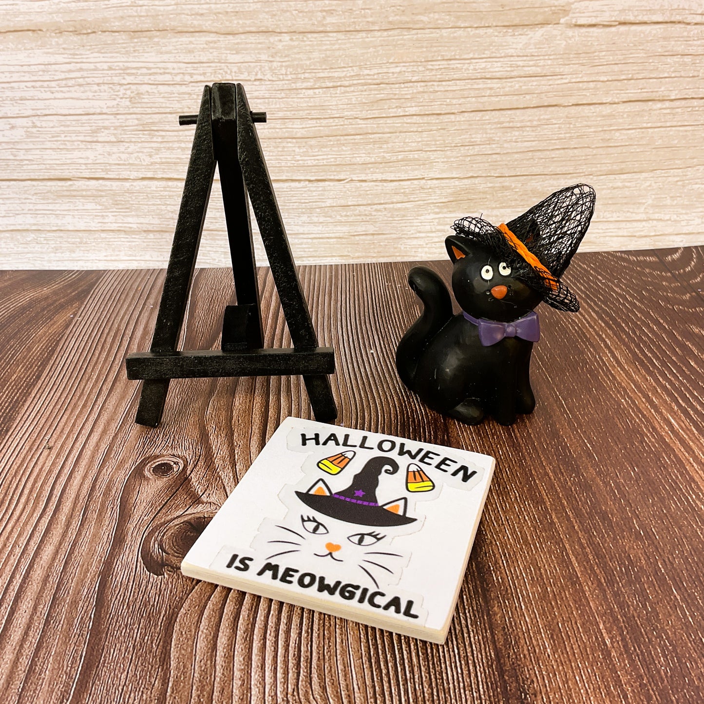 AGSD Halloween Decor - Small Resin Black Cat Meowgical Small Easel Sign 2pc Set