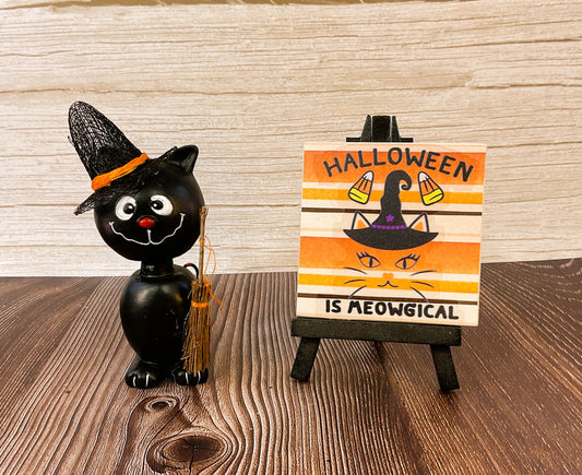 AGSD Halloween Decor - Resin Black Cat Meow Small Easel Sign 2pc Set