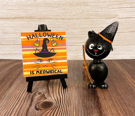 AGSD Halloween Decor - Resin Black Cat Meowgical Small Easel Sign 2pc Set