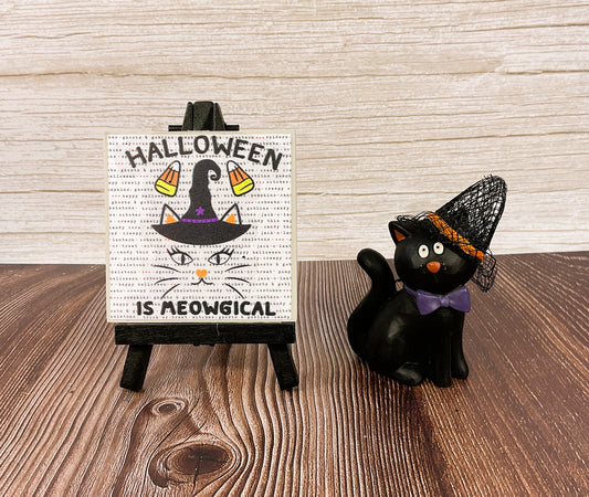 AGSD Halloween Decor - Small Resin Black Cat Meowgical Small Easel Sign 2pc Set