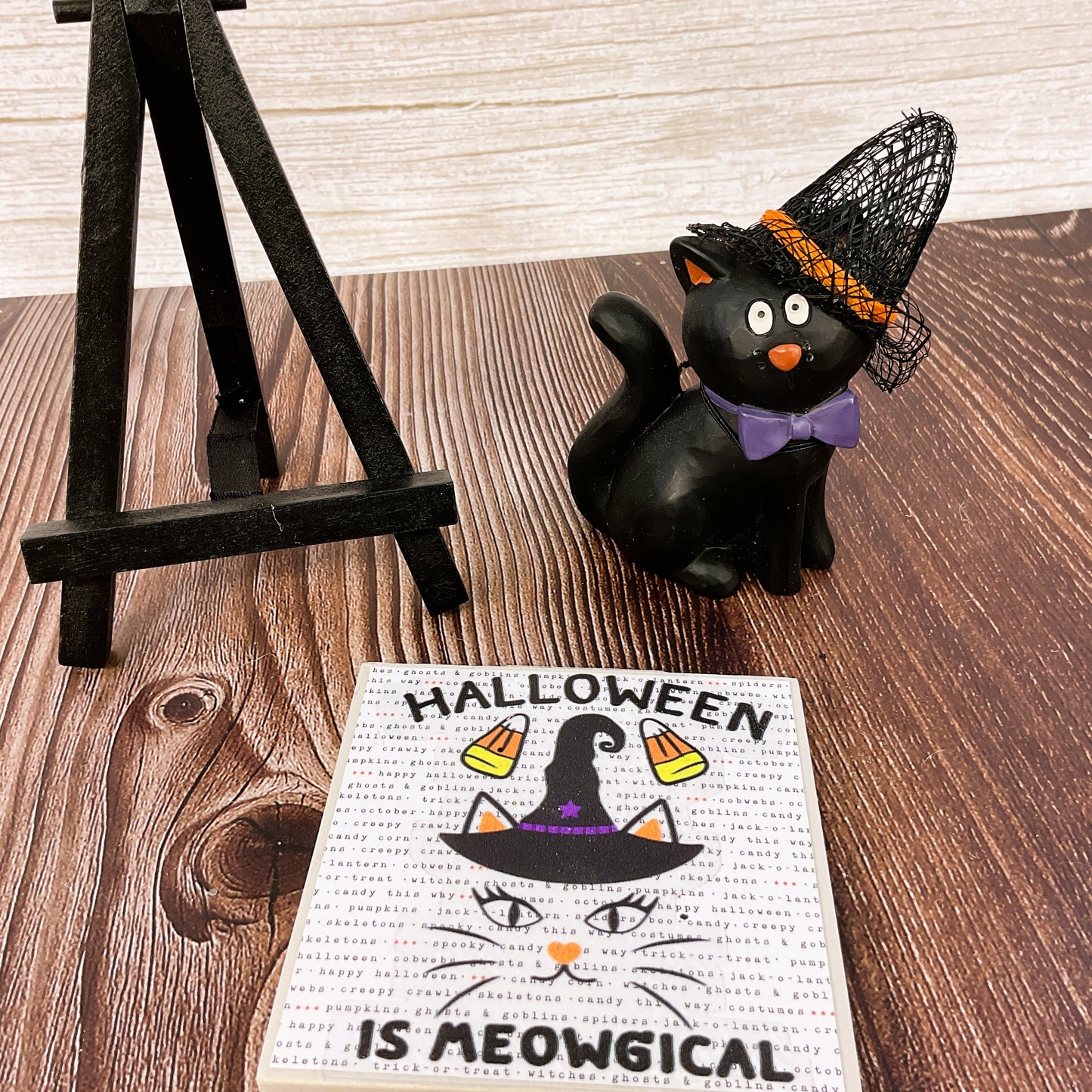 AGSD Halloween Decor - Small Resin Black Cat Meowgical Small Easel Sign 2pc Set