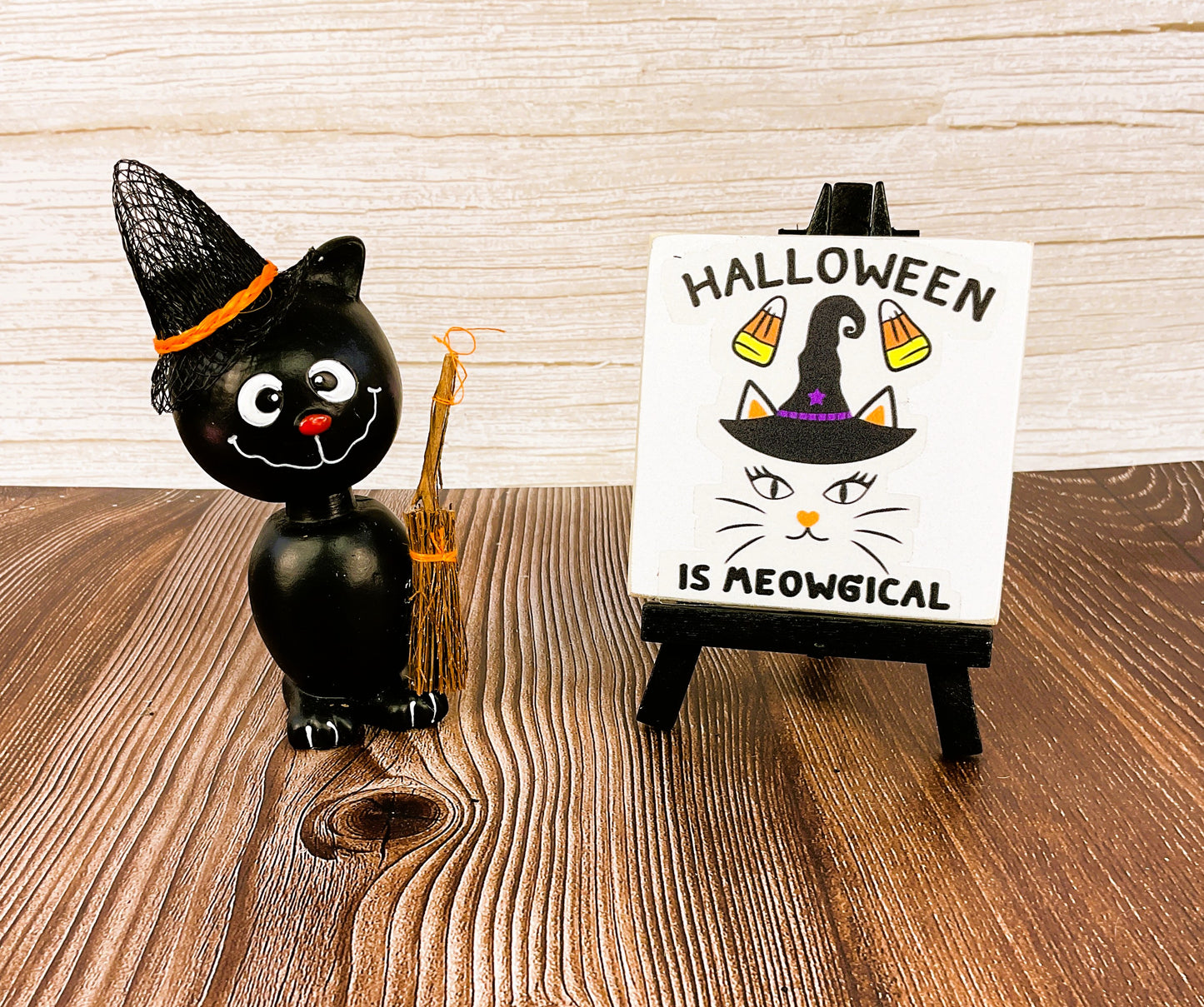 AGSD Halloween Decor - Resin Black Cat Meowgical Mini Easel Sign 2pc Set