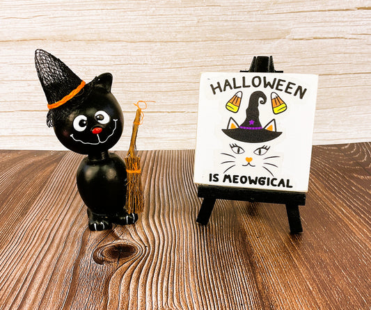 AGSD Halloween Decor - Resin Black Cat Meowgical Mini Easel Sign 2pc Set