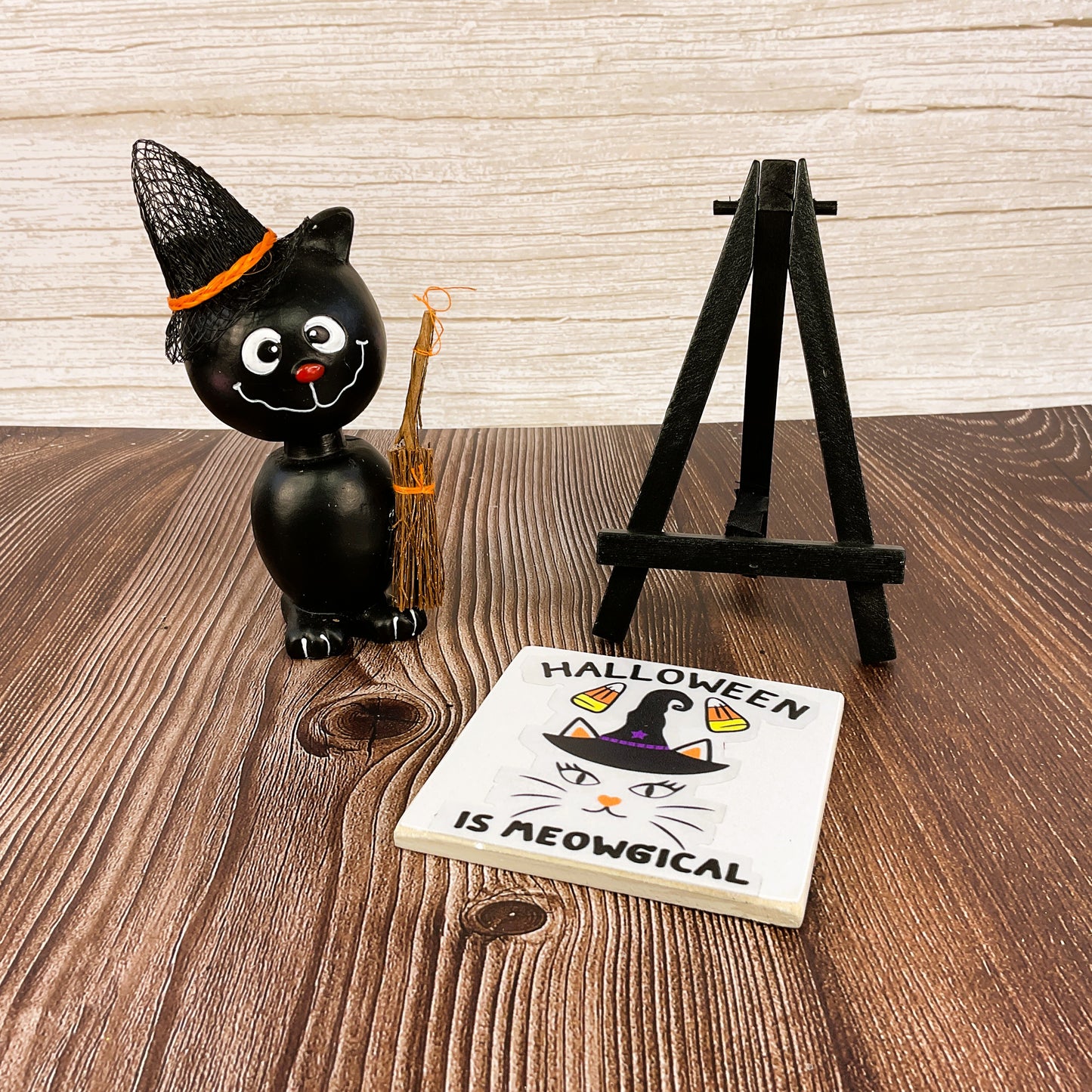 AGSD Halloween Decor - Resin Black Cat Meowgical Mini Easel Sign 2pc Set