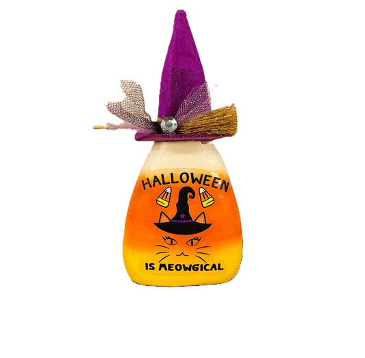 AGSD Halloween Decor - Purple Witch Hat Cat Paper Mache Candy Corn Sitter