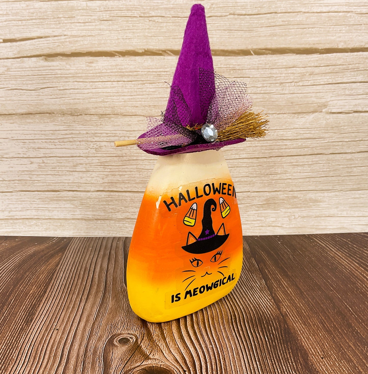 AGSD Halloween Decor - Purple Witch Hat Cat Paper Mache Candy Corn Sitter
