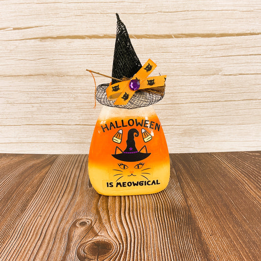 AGSD Halloween Decor - Black Witch Hat Cat Paper Mache Candy Corn Sitter