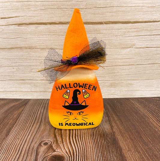 AGSD Halloween Decor - Orange Witch Cat Paper Mache Candy Corn Sitter