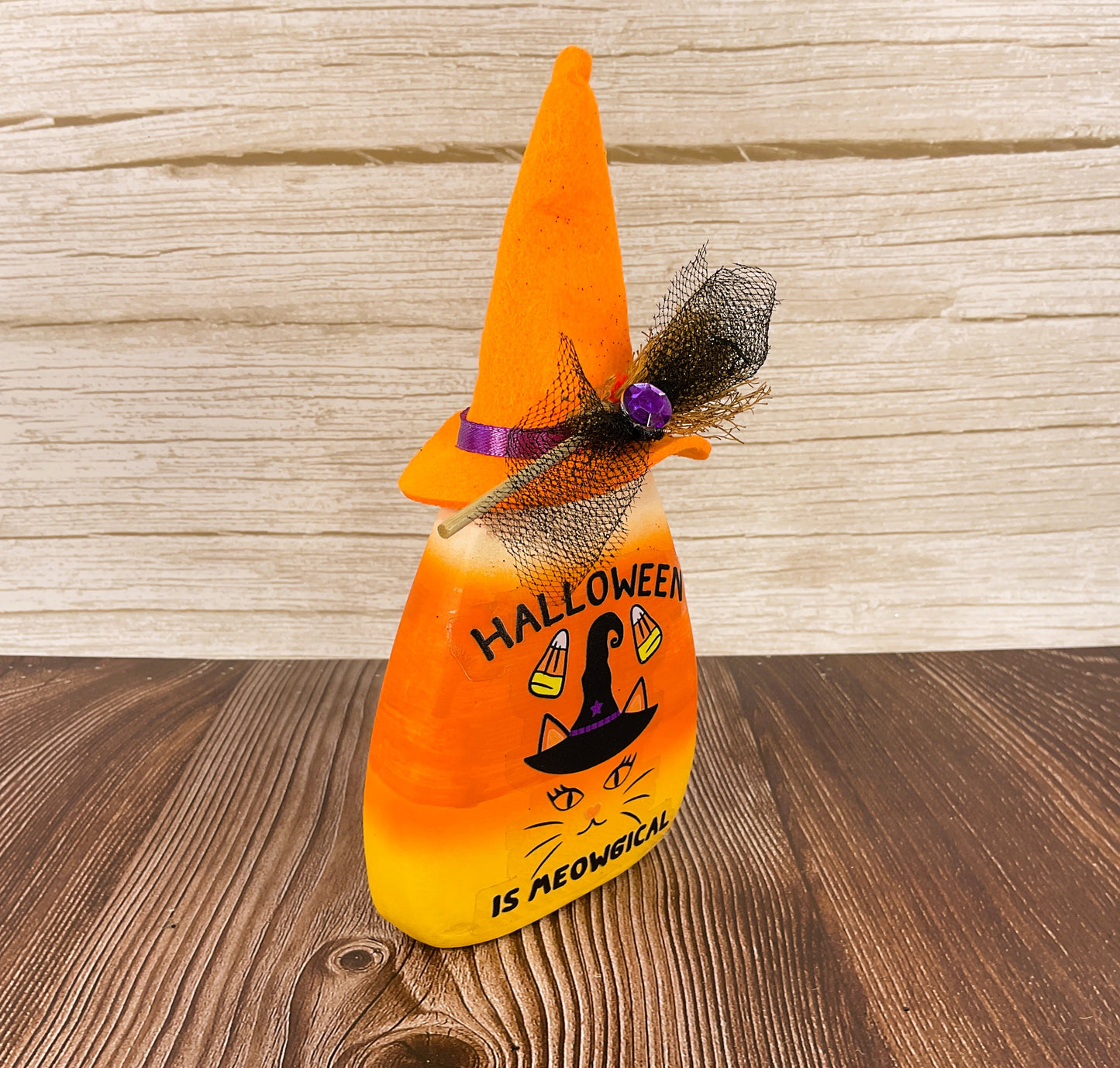 AGSD Halloween Decor - Orange Witch Cat Paper Mache Candy Corn Sitter