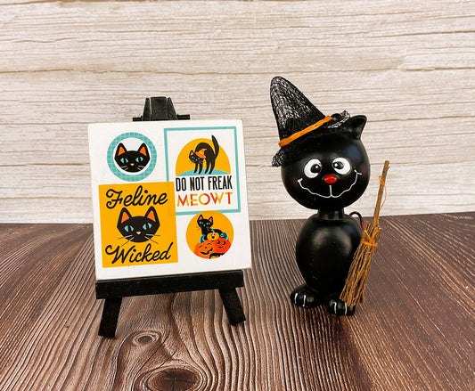 AGSD Halloween Decor - Resin Black Cat and Trick Treat Small Easel Sign 2pc Set