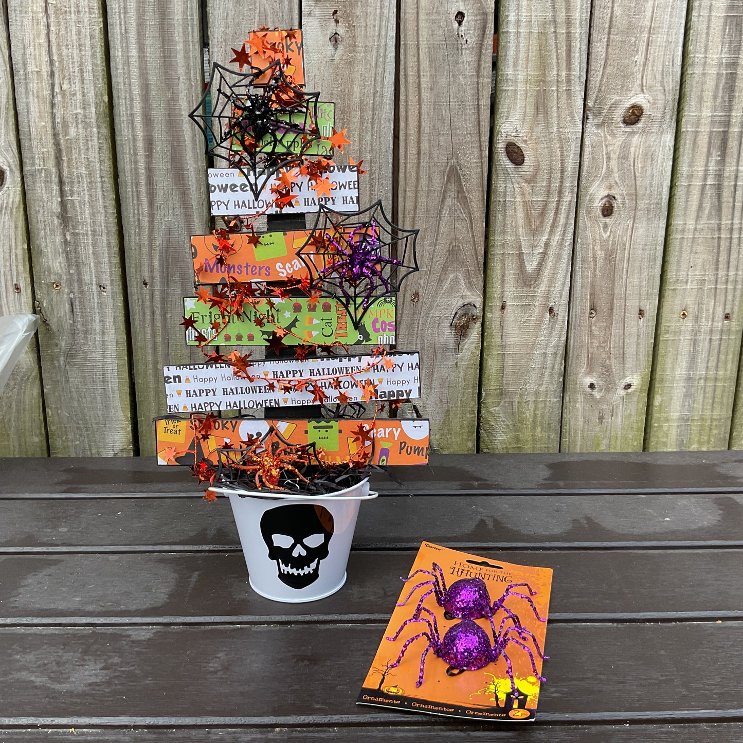 AGSD Halloween Decor - Colorful Wood Slat Tabletop Skull Black Tree 18-inch
