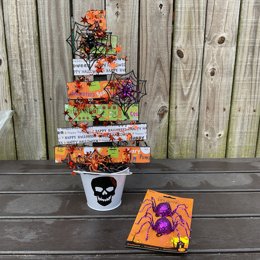 AGSD Halloween Decor - Colorful Wood Slat Tabletop Skull Black Tree 18-inch
