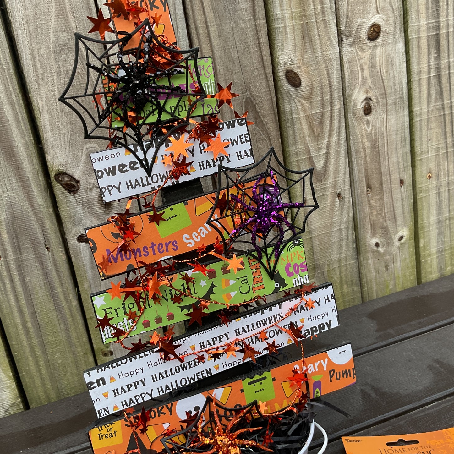 AGSD Halloween Decor - Colorful Wood Slat Tabletop Skull Black Tree 18-inch
