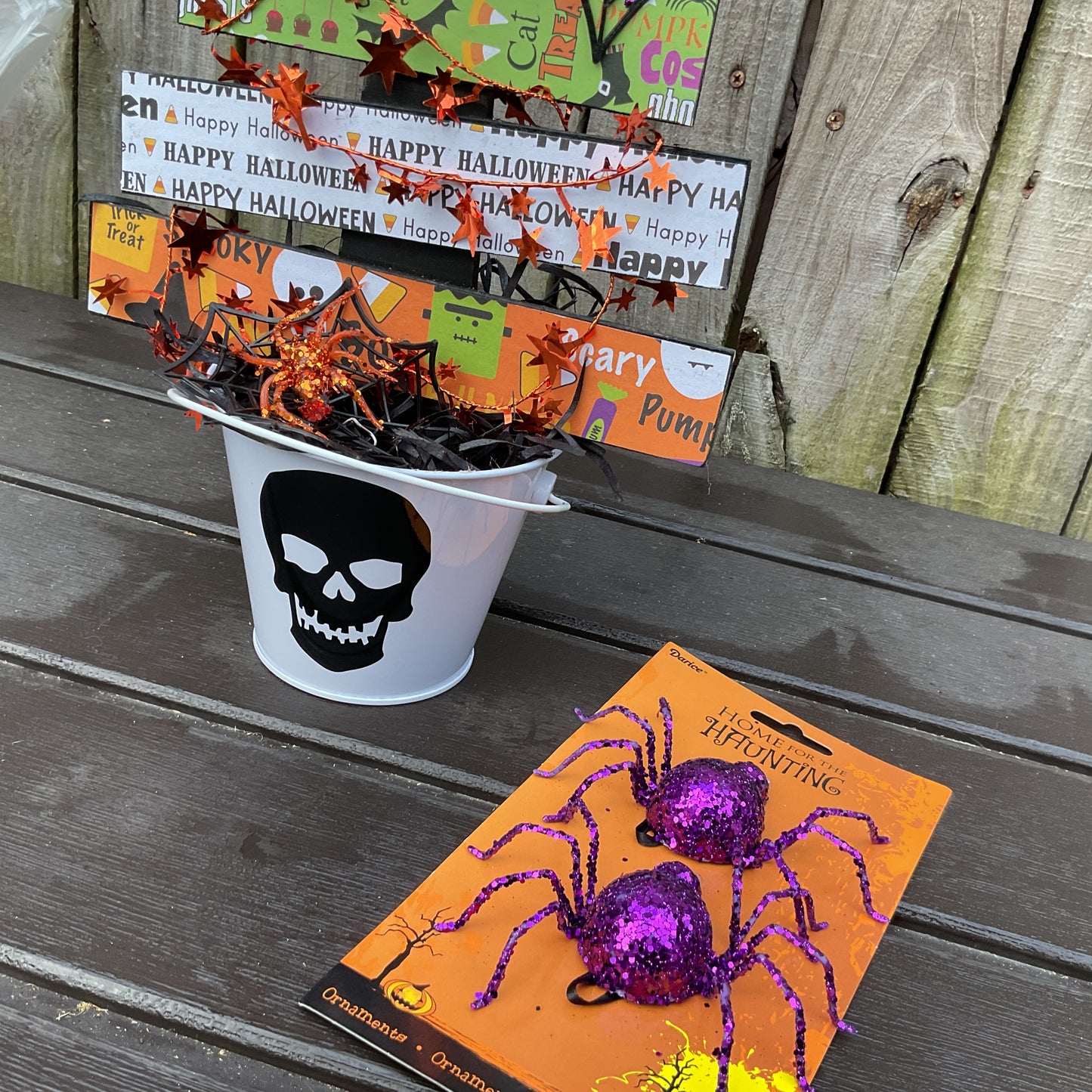 AGSD Halloween Decor - Colorful Wood Slat Tabletop Skull Black Tree 18-inch