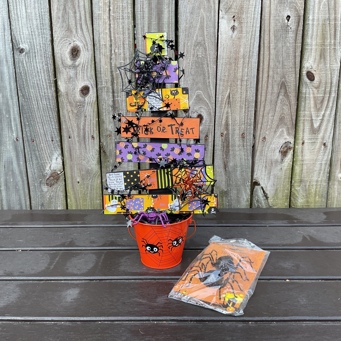 AGSD Halloween Decor - Colorful Wood Slat Tabletop Cute Spider Black Tree 18-inch