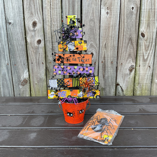 AGSD Halloween Decor - Colorful Wood Slat Tabletop Cute Spider Black Tree 18-inch