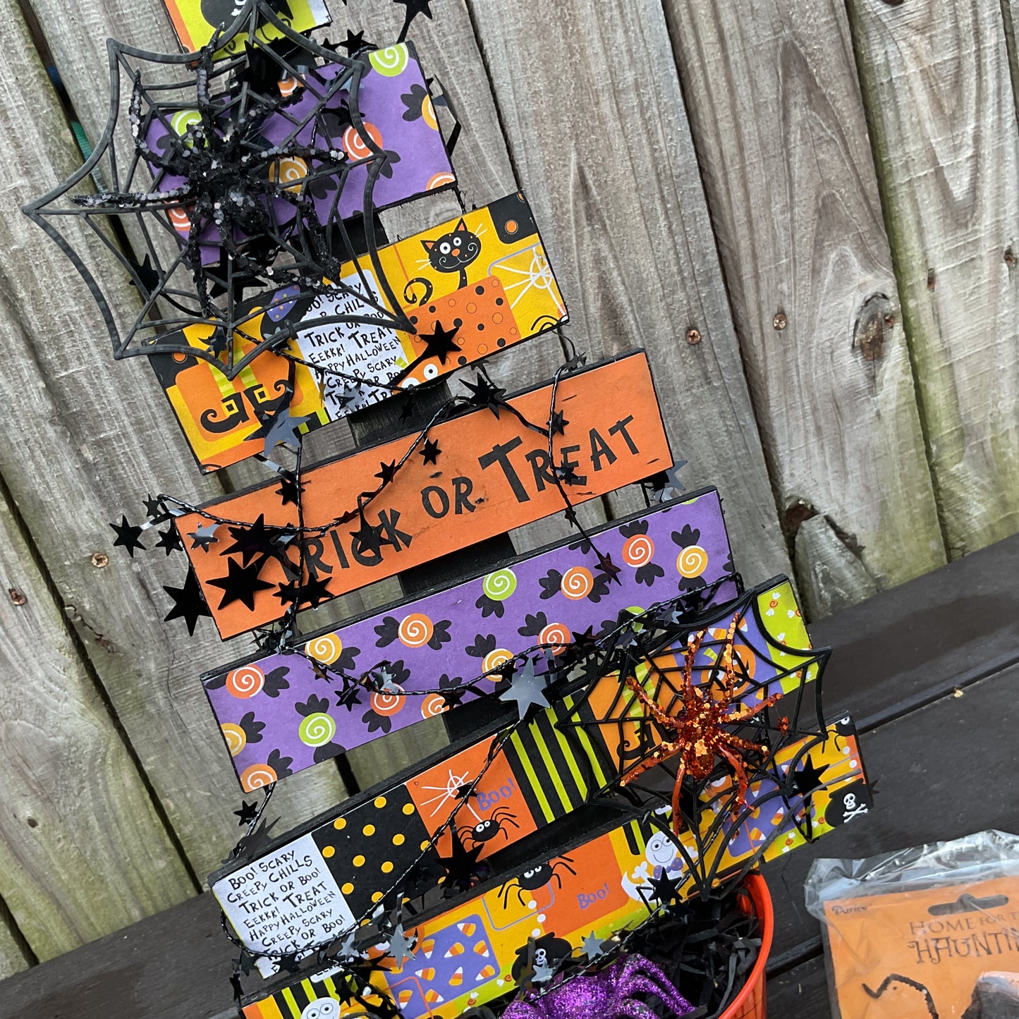 AGSD Halloween Decor - Colorful Wood Slat Tabletop Cute Spider Black Tree 18-inch