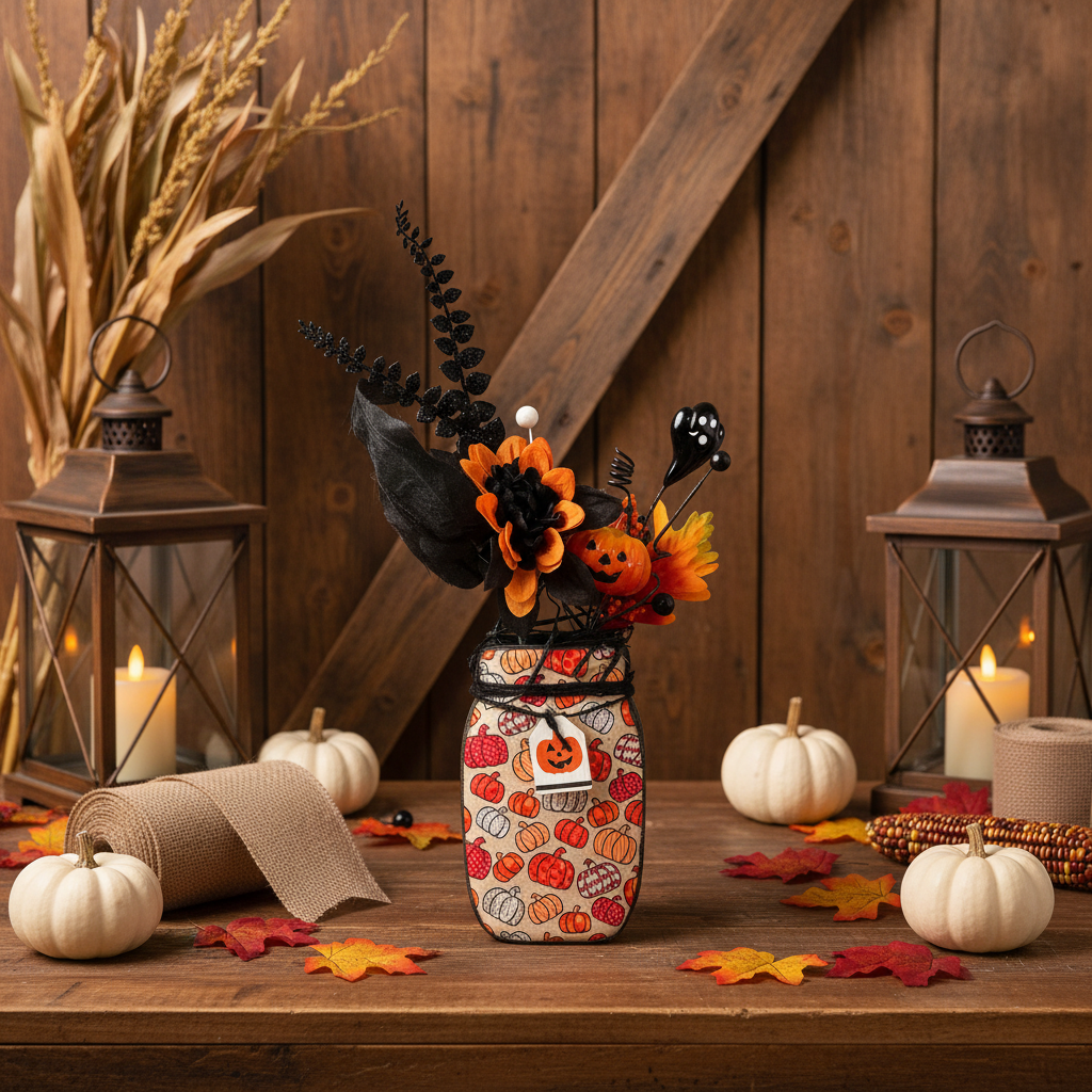 AGSD Halloween Decor - Farmhouse Wood Mason Jar Floral Display
