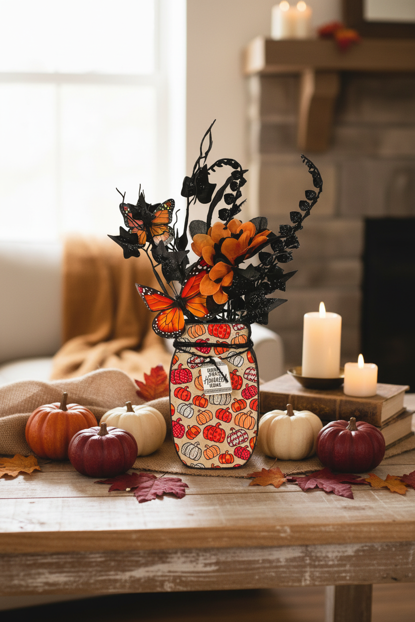 AGSD Halloween Decor - Farmhouse Wood Mason Jar Floral Display
