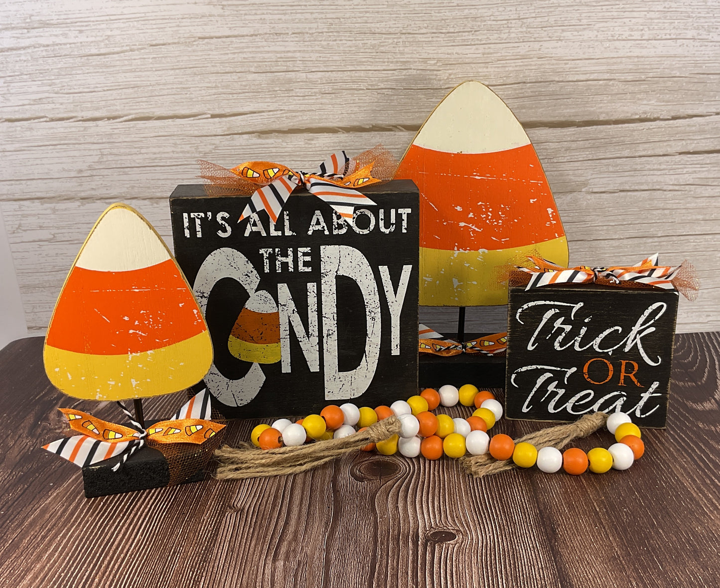 AGSD Halloween Decor - Weathered Candy Corn Stans & Box Signs 4pc Set
