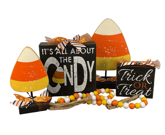 AGSD Halloween Decor - Weathered Candy Corn Stans & Box Signs 4pc Set