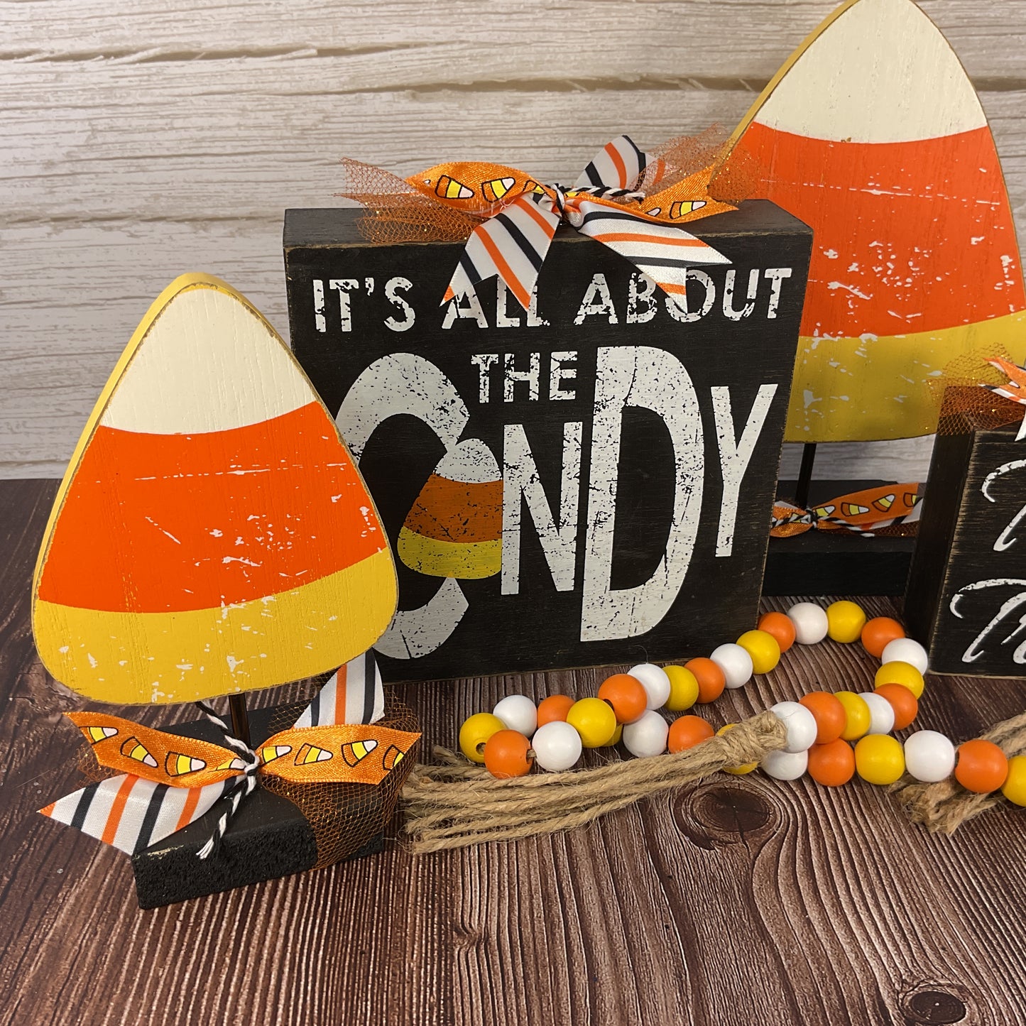 AGSD Halloween Decor - Weathered Candy Corn Stans & Box Signs 4pc Set