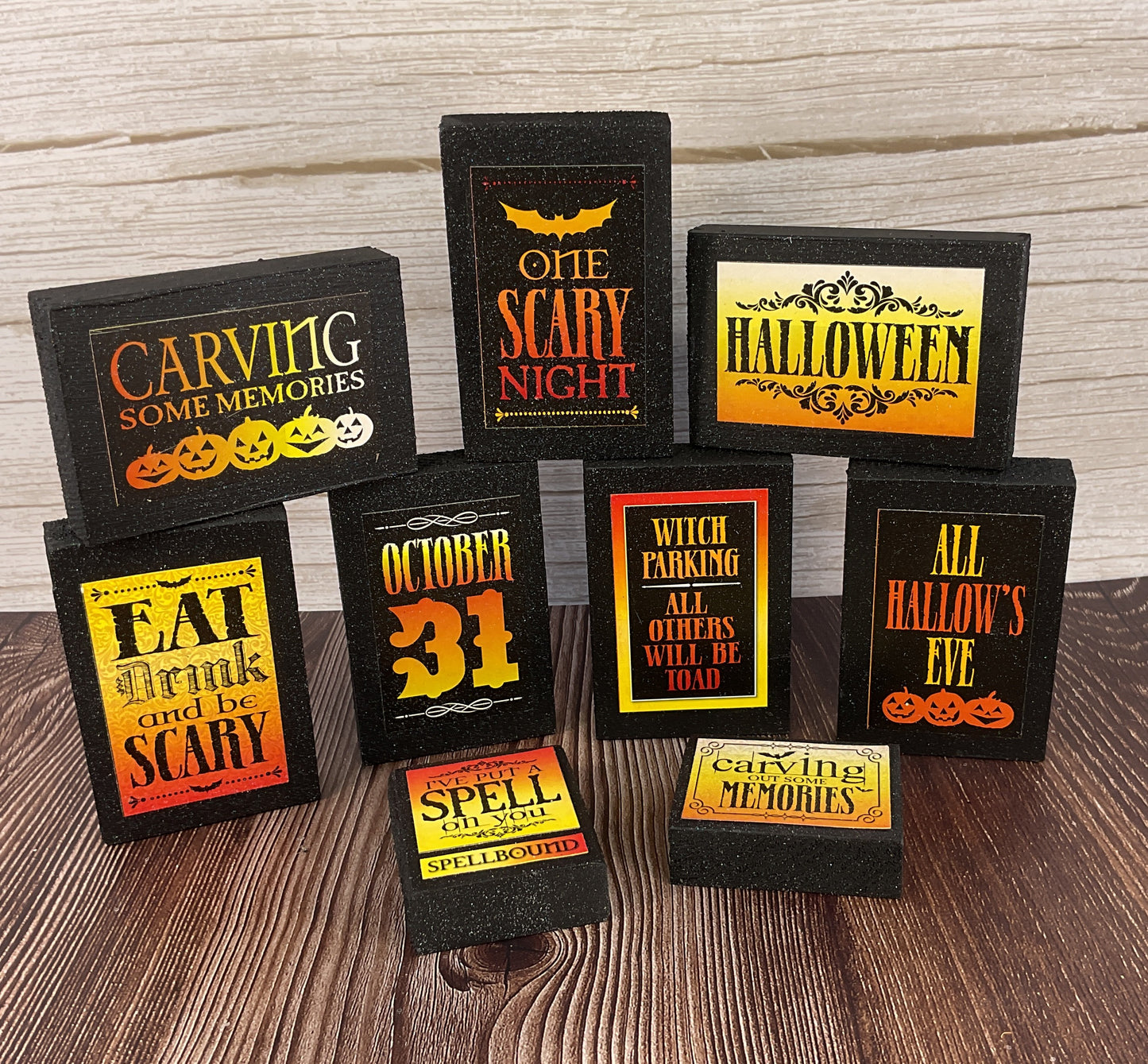 AGSD Halloween Decor - Black Orange Wood Block Signs Various Sizes & Sets