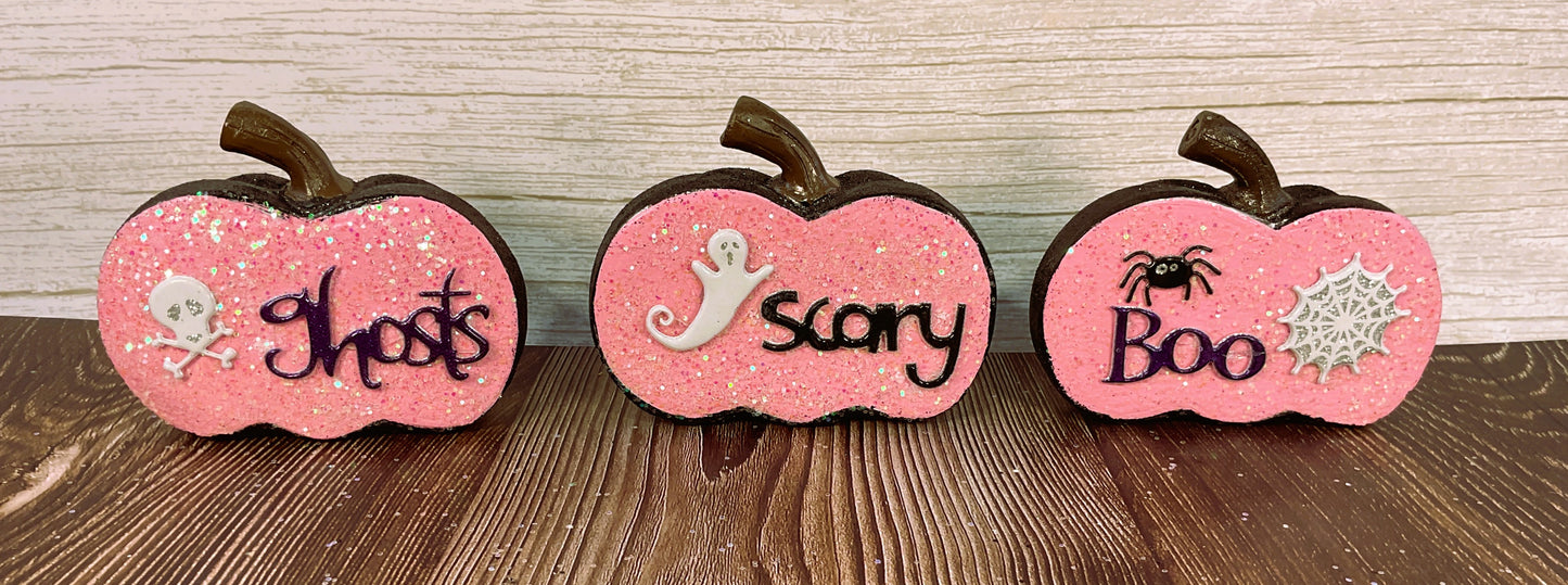 AGSD Halloween Decor - Pink and  Black Glitter Pumpkins Sitters 3pc Set