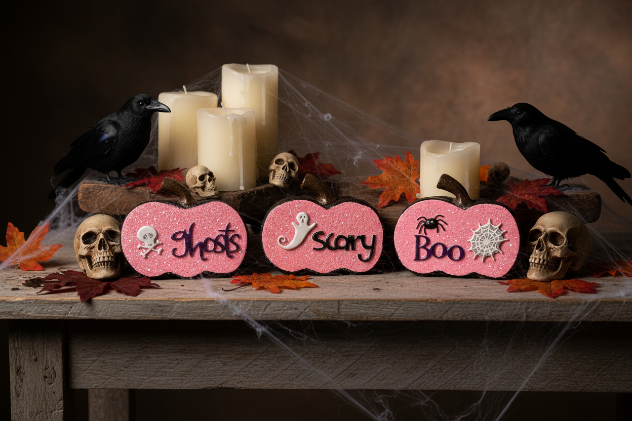 AGSD Halloween Decor - Pink and  Black Glitter Pumpkins Sitters 3pc Set