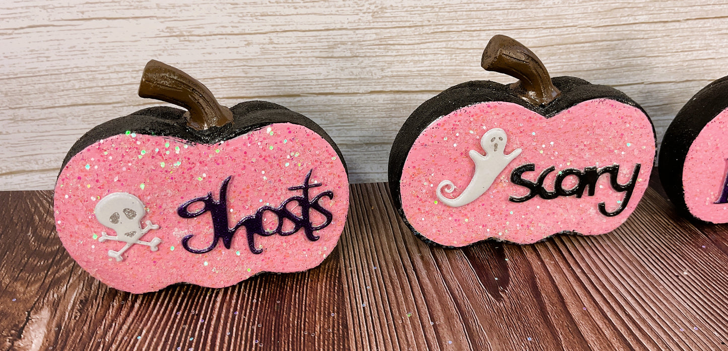 AGSD Halloween Decor - Pink and  Black Glitter Pumpkins Sitters 3pc Set