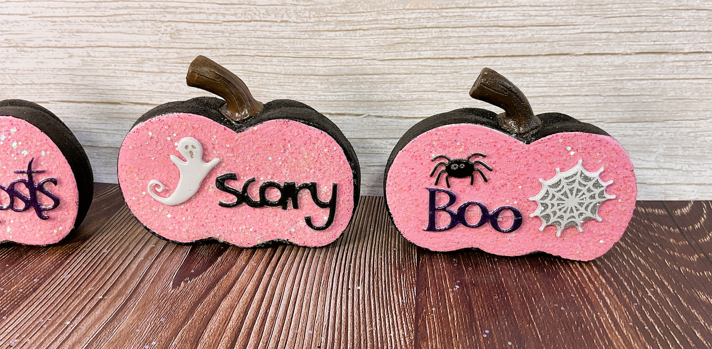 AGSD Halloween Decor - Pink and  Black Glitter Pumpkins Sitters 3pc Set