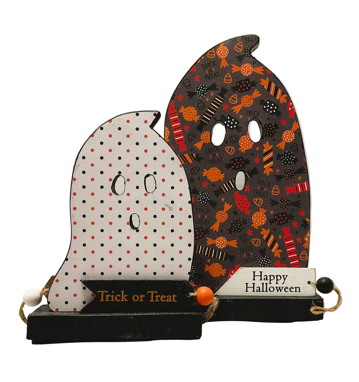 AGSD Halloween Decor - Decoupage Reversible Wood Wrapped Candy Ghosts LG 2pc Set