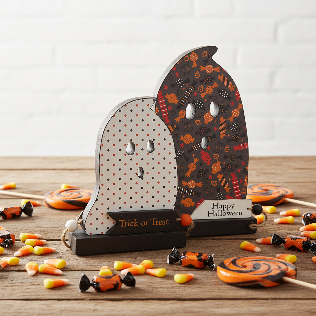 AGSD Halloween Decor - Decoupage Reversible Wood Wrapped Candy Ghosts LG 2pc Set