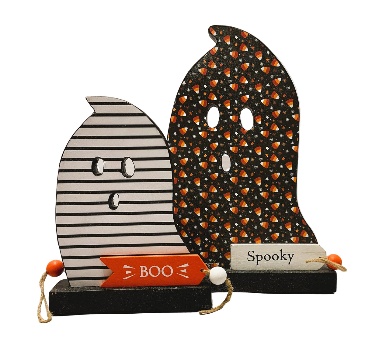 AGSD Halloween Decor - Decoupage Reversible Wood Wrapped Candy Ghosts LG 2pc Set