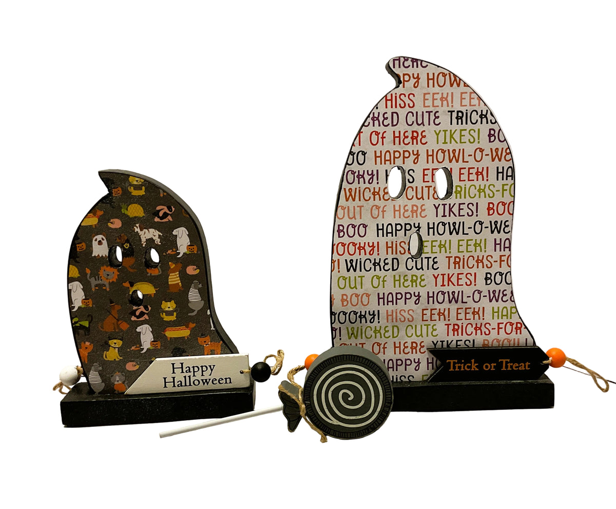 AGSD Halloween Decor - Decoupage Reversible Wood Cat Dog Pet Ghosts LG 2pc Set