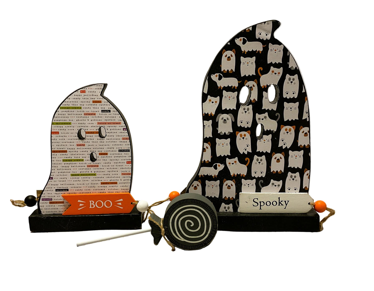 AGSD Halloween Decor - Decoupage Reversible Wood Cat Dog Pet Ghosts LG 2pc Set