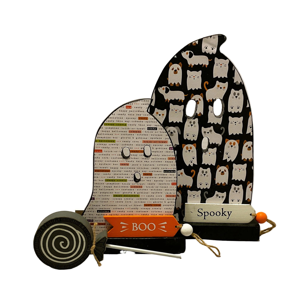 AGSD Halloween Decor - Decoupage Reversible Wood Cat Dog Pet Ghosts LG 2pc Set