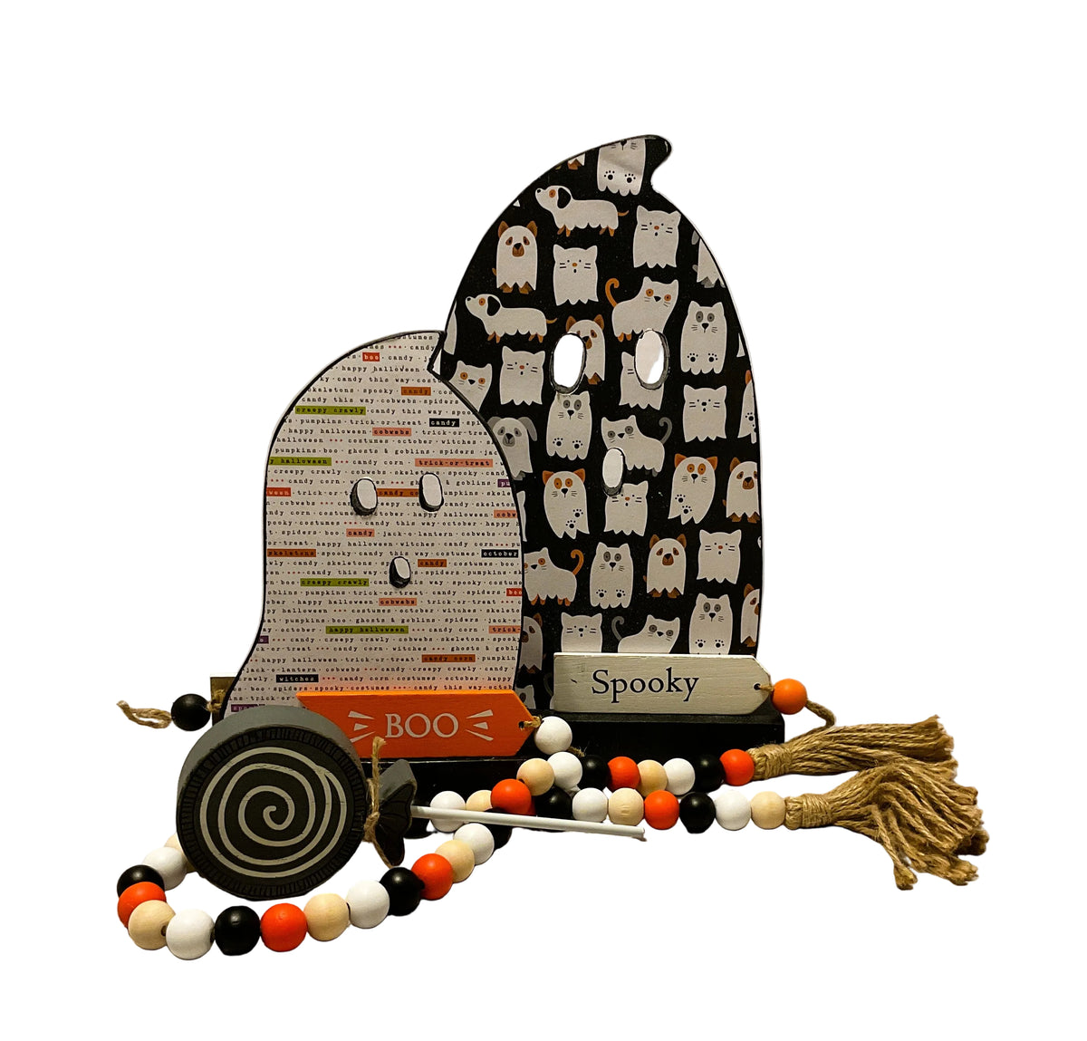 AGSD Halloween Decor - Decoupage Reversible Wood Cat Dog Pet Ghosts LG 2pc Set