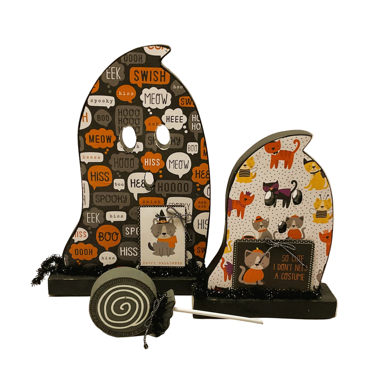 AGSD Halloween Decor - Decoupage Reversible Wood Kitty Cat Ghosts LG 2pc Set