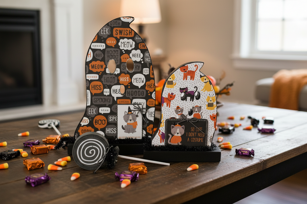 AGSD Halloween Decor - Decoupage Reversible Wood Kitty Cat Ghosts LG 2pc Set